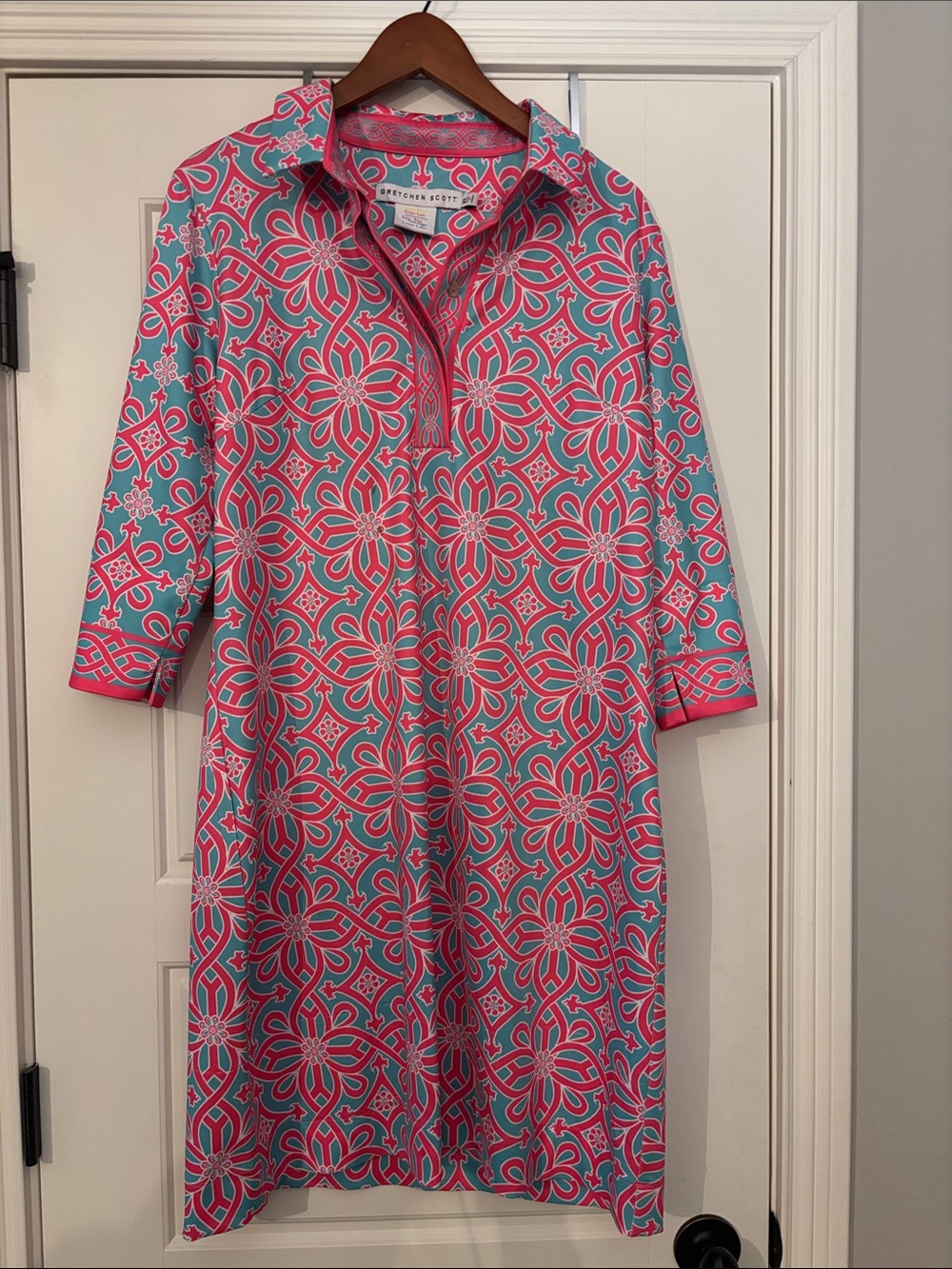 Gretchen Scott Designs Pink & Aqua Geometric Midi Dress